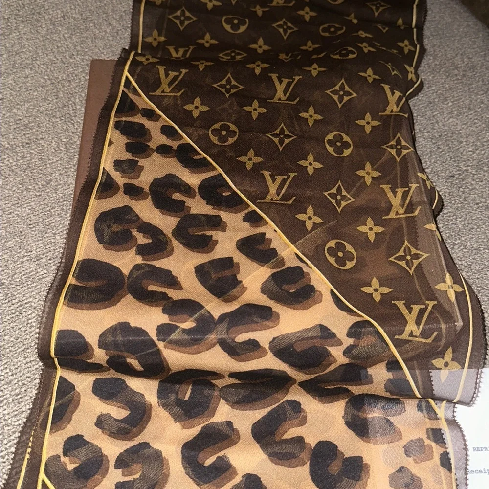 Louis Vuitton Brown & Tan Monogram Leopard Silk Scarf Wrap - Picture 6 of 8